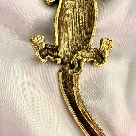 🧷Vintage XL Lizard Brooch with Moving Tail - Green Rhinestone and CZ - Picture 4 of 5